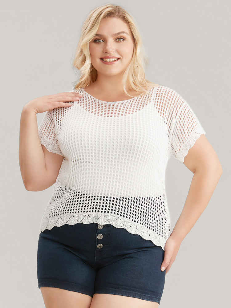 Plain Hollow Out Scalloped Trim Knit Top