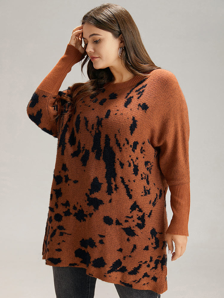 Leopard Batwing Sleeve Split Hem Pullover