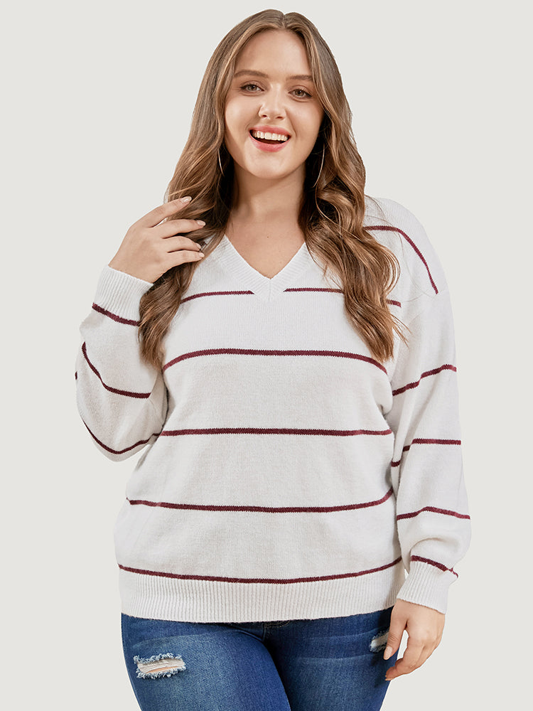 Striped Contrast Super Soft Plush Knit V Neck Knit Top