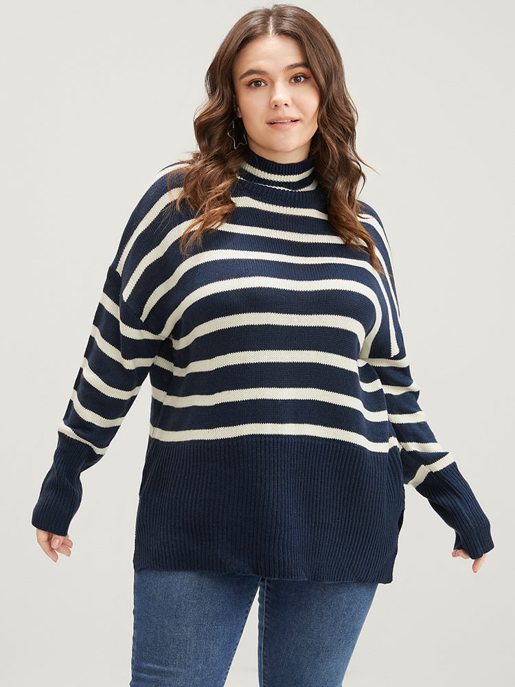 Striped Contrast Pointelle Knit Split Hem Mock Neck Knit Top