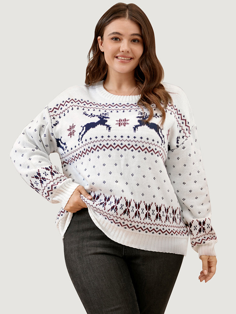 Elk & Snowflake Pointelle Knit Round Neck Knit Top