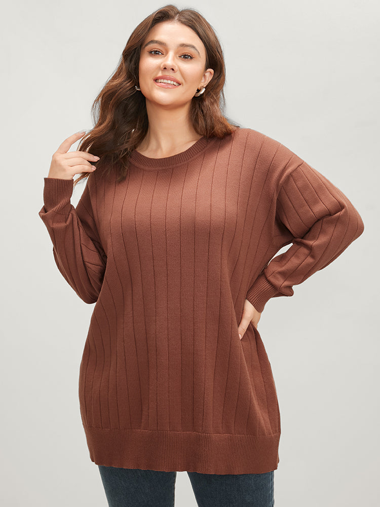 Solid Pointelle Knit Round Neck Loose Knit Top