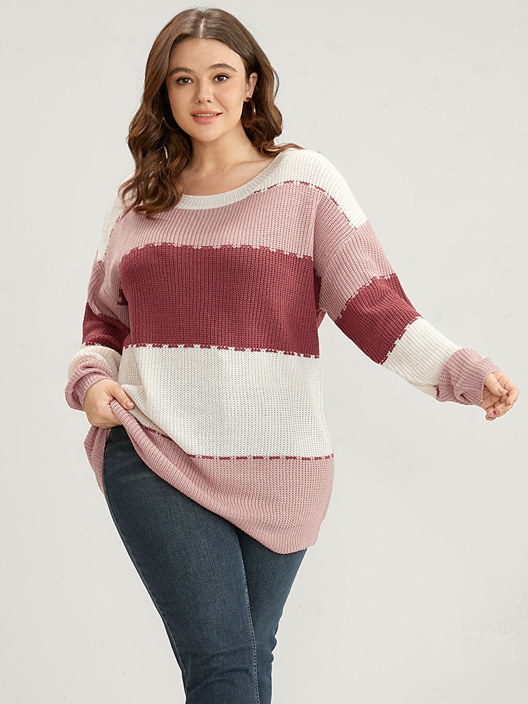 Colorblock Contrast Pointelle Knit Crew Neck Knit Top