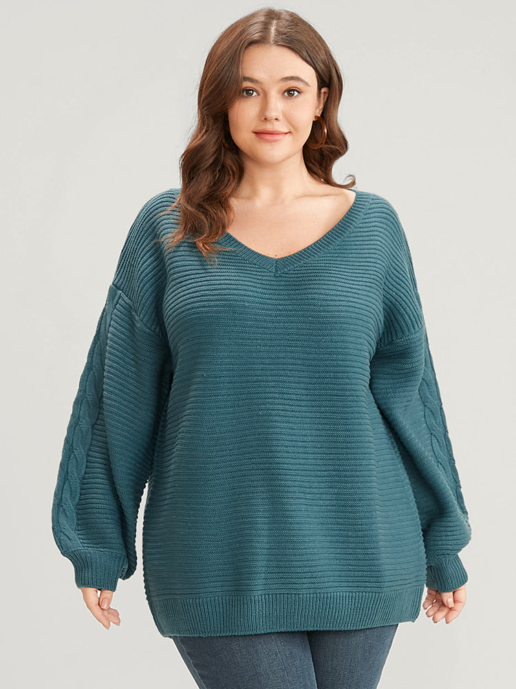 Solid Pointelle Knit V Neck Lantern Sleeve Cable Knit Top