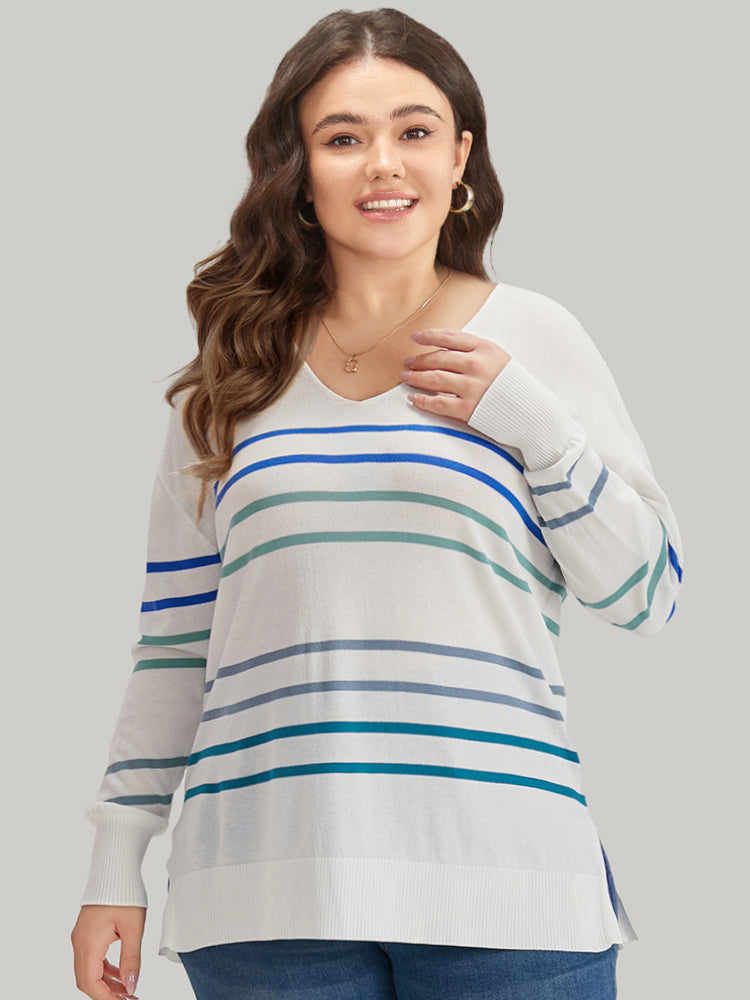 Striped V Neck Split Hem Pullover