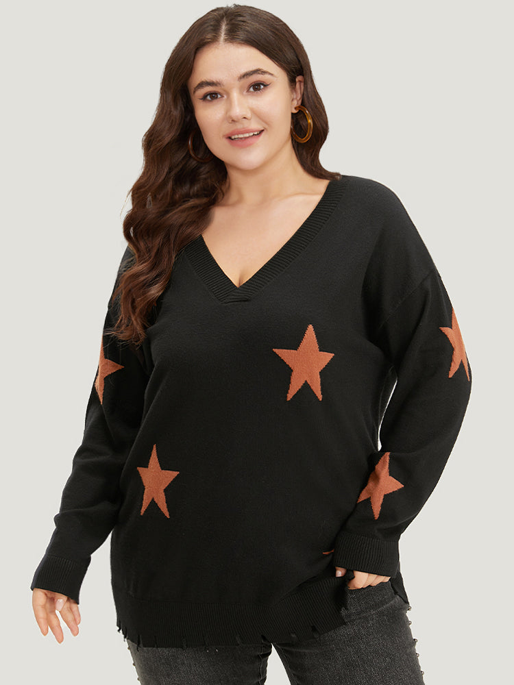 Halloween Supersoft Essentials Star V Neck Distressed Hem Pullover