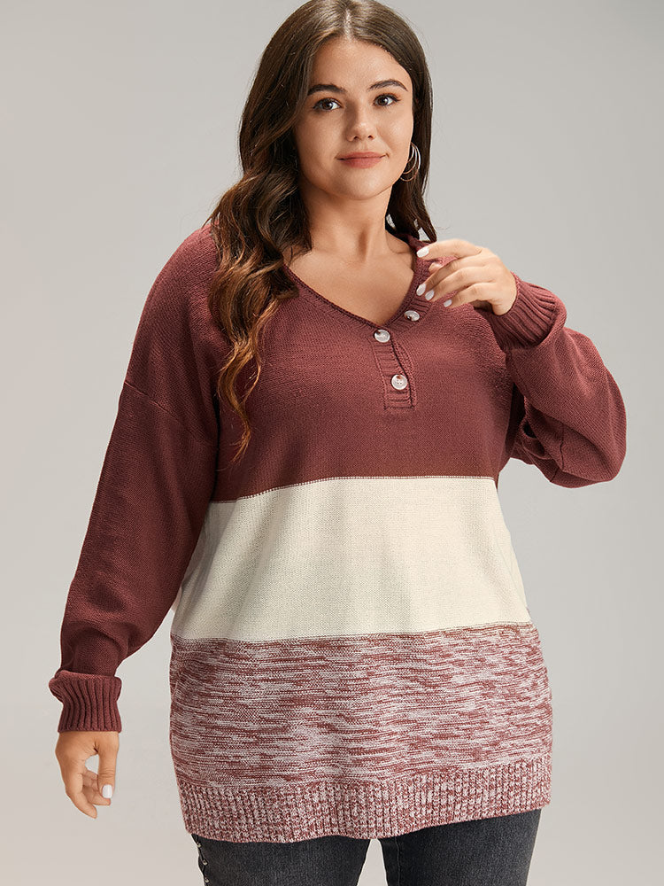 Contrast Heather V Neck Button Detail Pullover