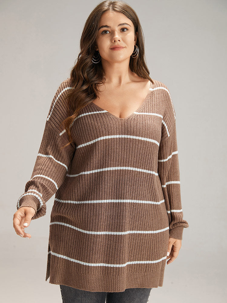 Supersoft Essentials Striped V Neck Split Hem Pullover