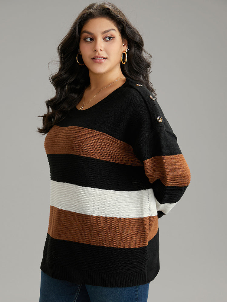 Colorblock Contrast Button Detail Crew Neck Pullover