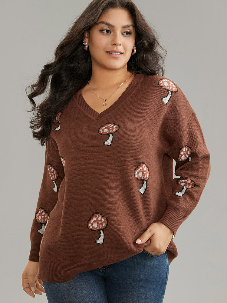 Mushroom Knit V Neck Jacquard Pullover