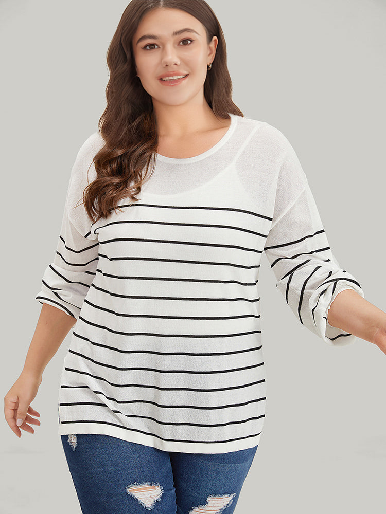 Striped Split Side Lightweight Elastic Cuffs Pullover