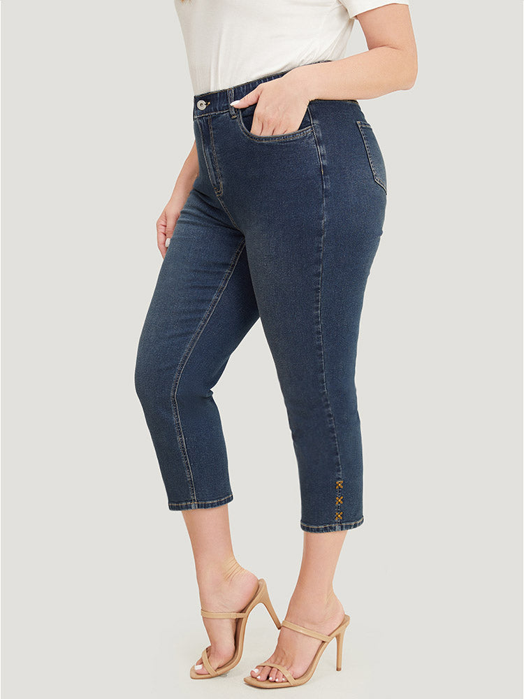 Very Stretchy High Rise  Dark Wash Beaded Detail Cropped Jeans