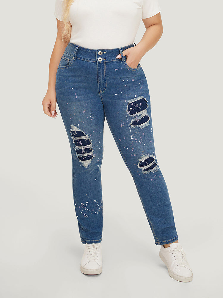 Very Stretchy High Rise Medium Wash Paint Patched Jeans