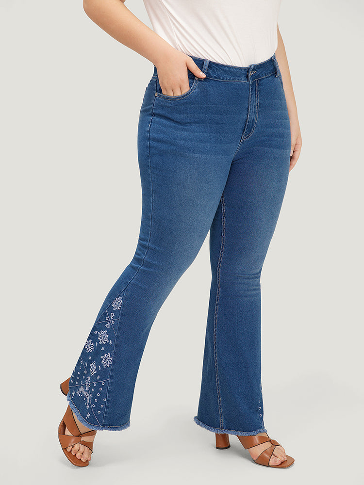 Flare Leg Very Stretchy  High Rise  Embroidered Jeans