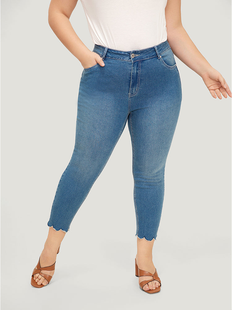 Very Stretchy High Rise Medium Wash Scalloped Hem Jeans