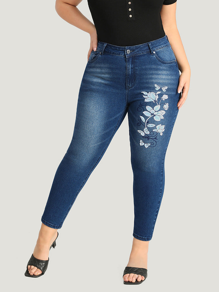 Floral Print Very Stretchy Dark Wash Jeans