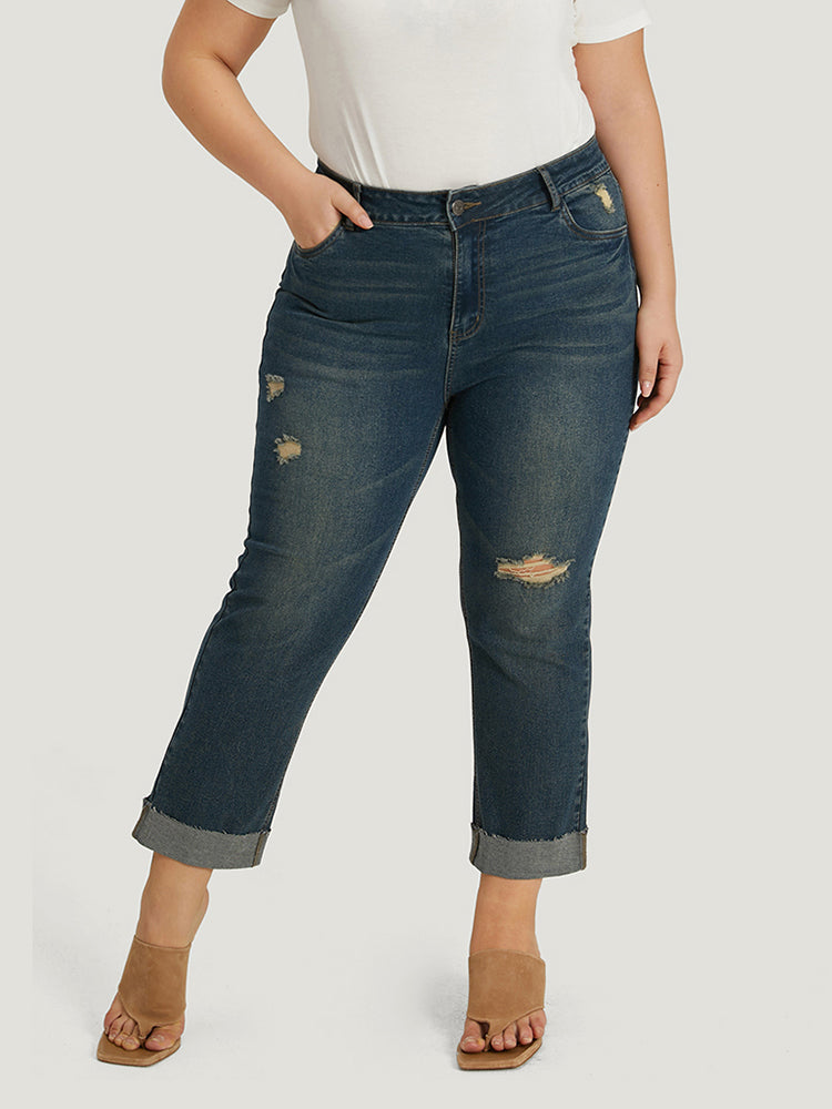 Solid Ripped Roll Hem Pocket Straight Leg Jeans