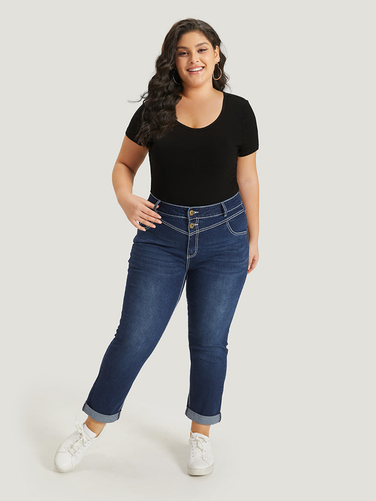 Contrast Stitch Roll Hem Straight Leg Jeans