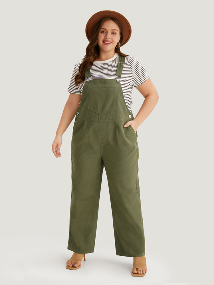 Solid Patched Pocket Pleated Overall Jeans