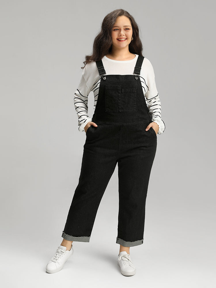 Plain Patched Pocket Roll Hem Overall Jeans