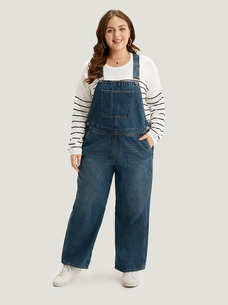 Solid Patched Pocket Button Down Overall Jeans