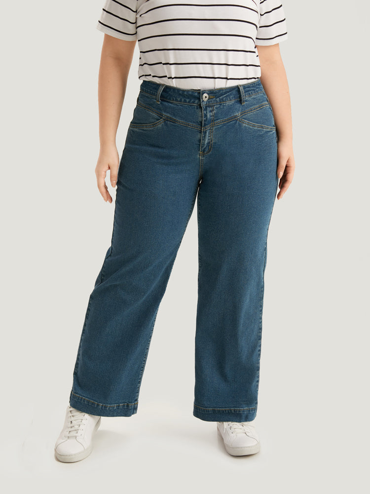 Solid Patchwork Wide Leg Medium Wash Jeans