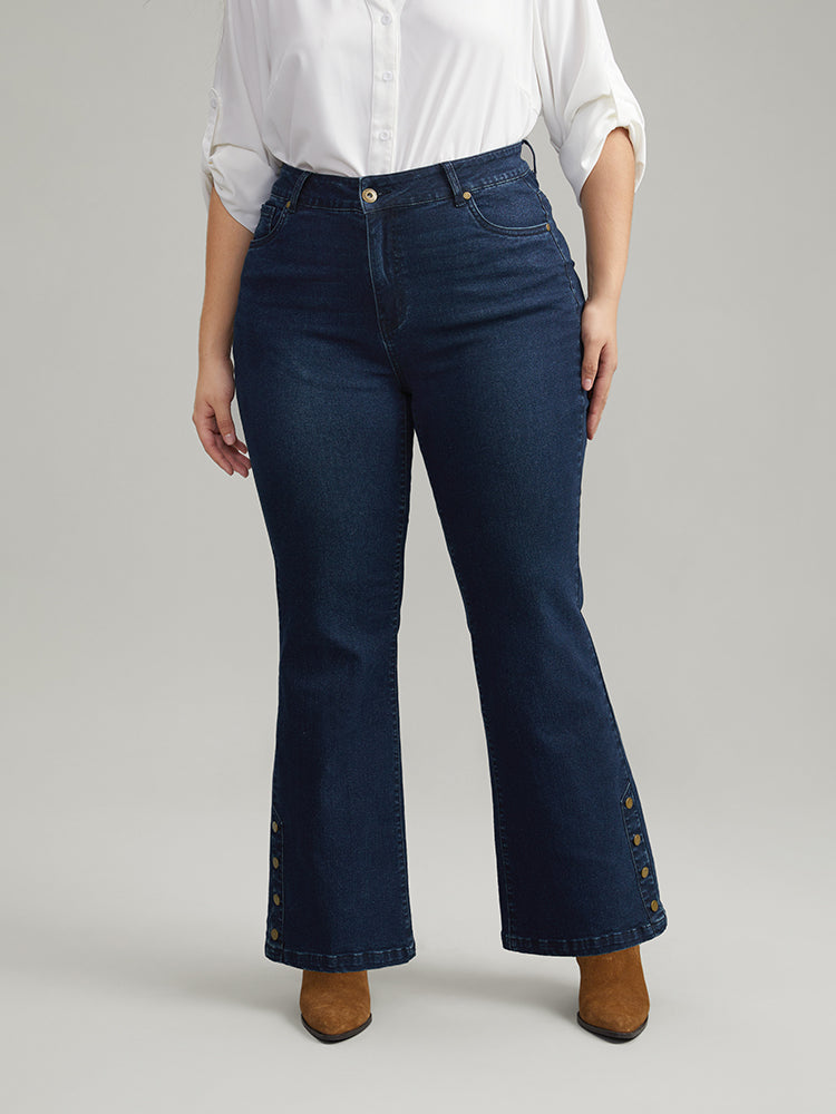 Plain Button Detail Flare Leg Full Length Jeans