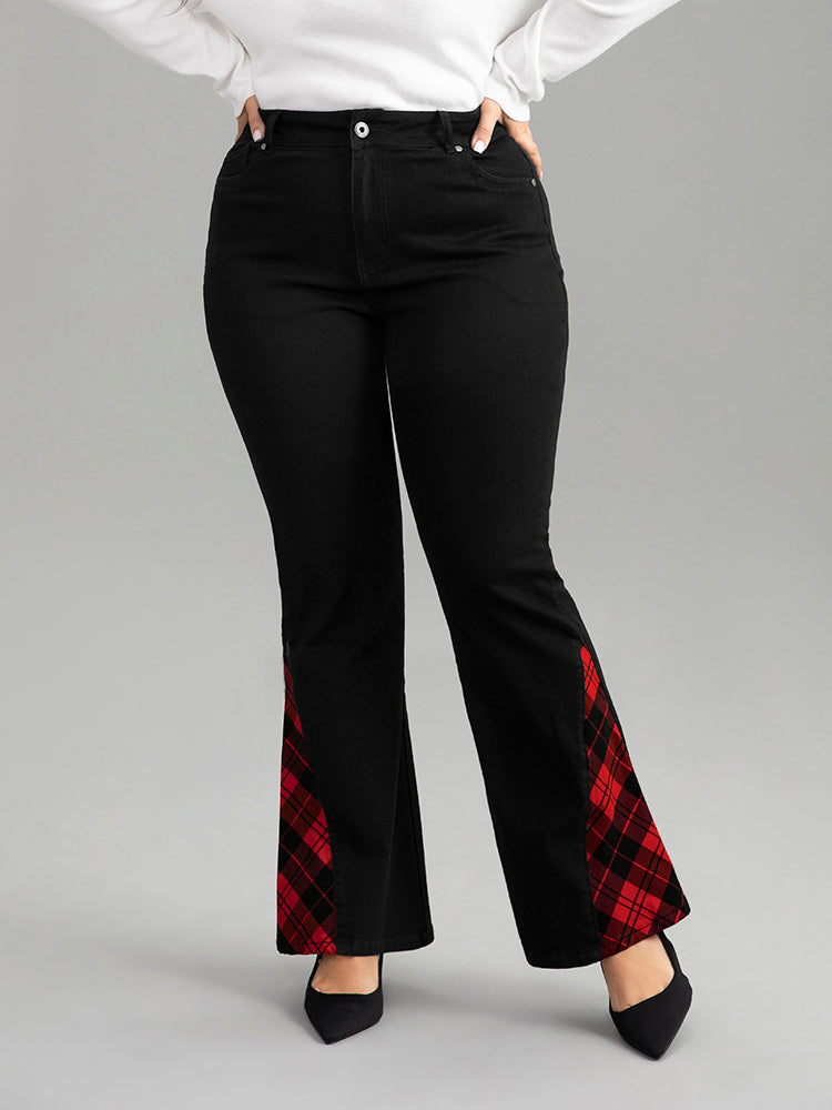 Flare Leg Plaid Patchwork Pocket Jeans