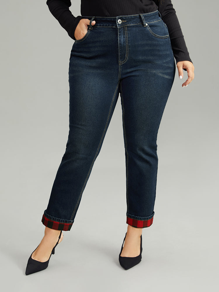 Plaid Roll Hem Straight Leg Jeans