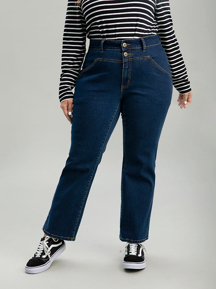 Double Button Straight Leg ark Wash Jeans