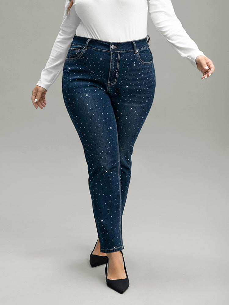 Rhinestone Detail Dark Wash Straight Leg Jeans