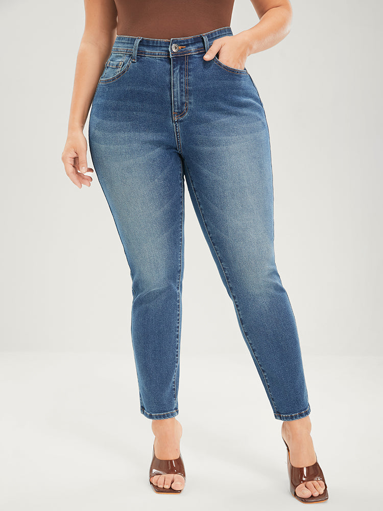 Mom Jeans Straight Very Stretchy Mid Rise Medium Wash Jeans