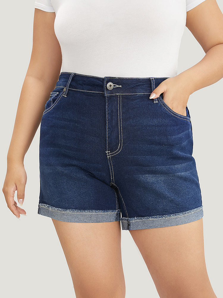 Moderately Stretchy High Rise Dark Wash Roll Hem Denim Shorts