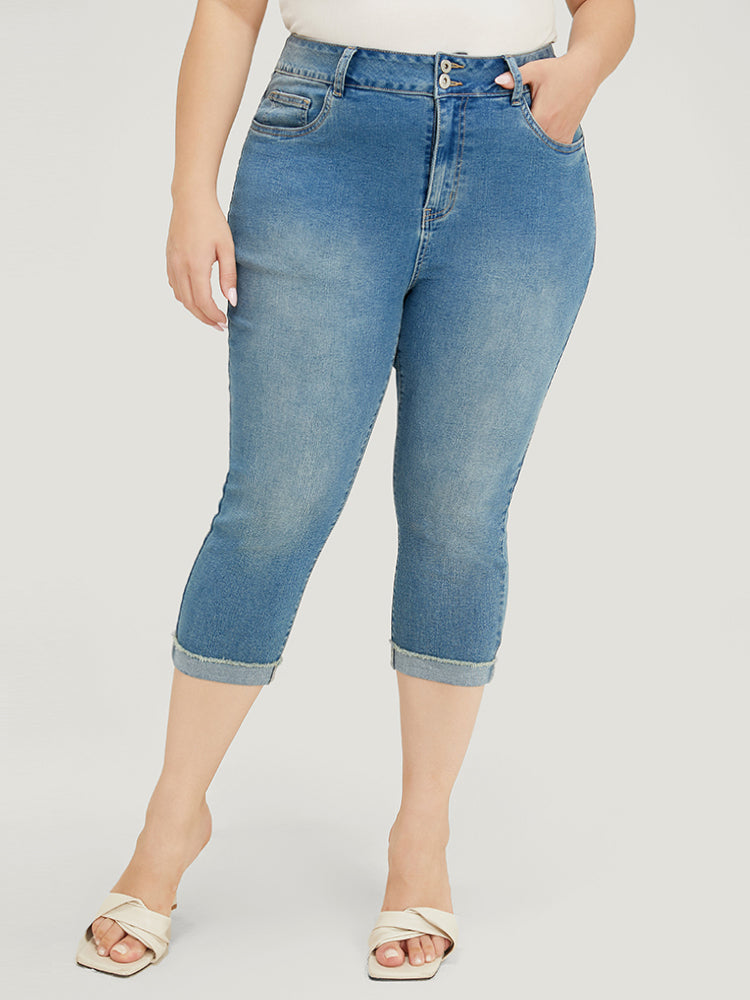 Very Stretchy High Rise Medium Wash Roll Hem Cropped Jeans