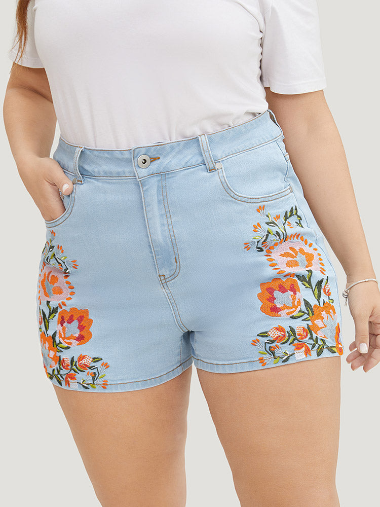 High Rise Light Wash Floral Embroidered Denim Shorts