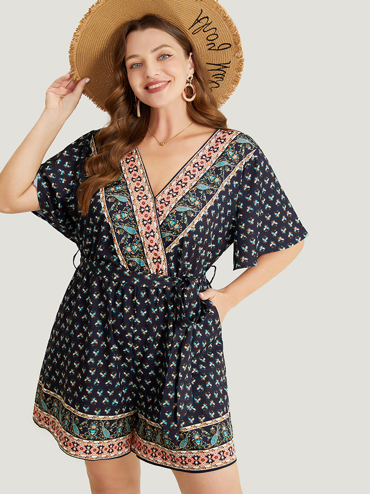 Bandana Print Wrap Ruffle Sleeve Pocket Belted Romper