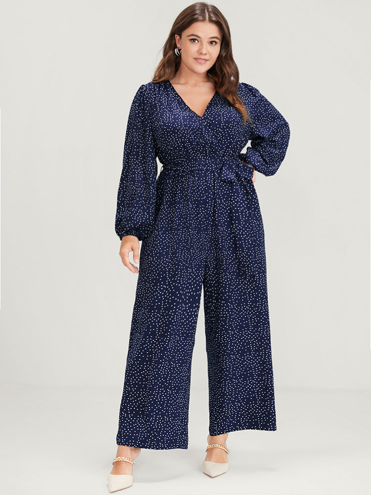 Polka Dot Belted Lantern Sleeve Pocket Button Wrap Jumpsuit