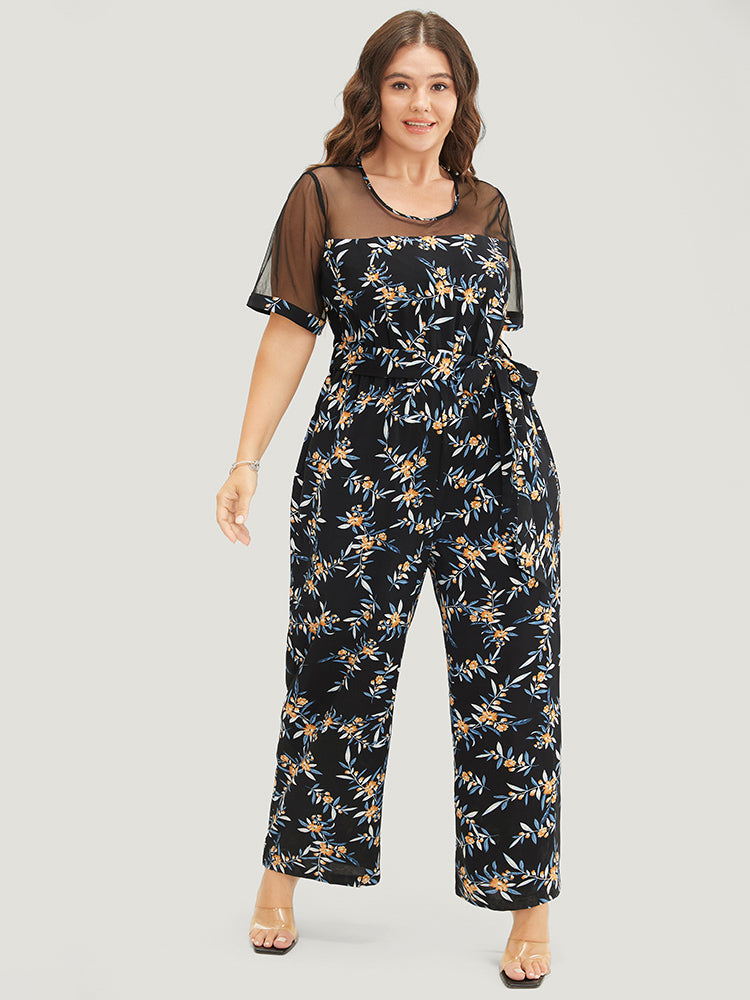 Floral Mesh Patchwork Crew Neck Pocket Belted Jumpsuit