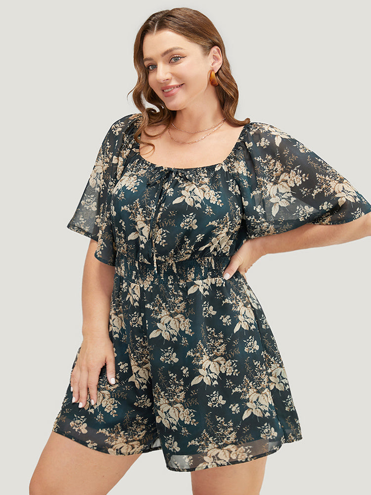 Floral Shirred Knot Square Neck Ruffles Romper