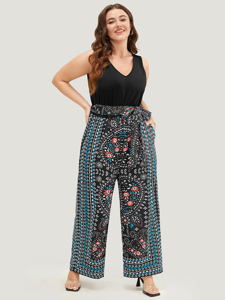 Paisley Patchwork Zipper Pocket Belted Tank Jumpsuit