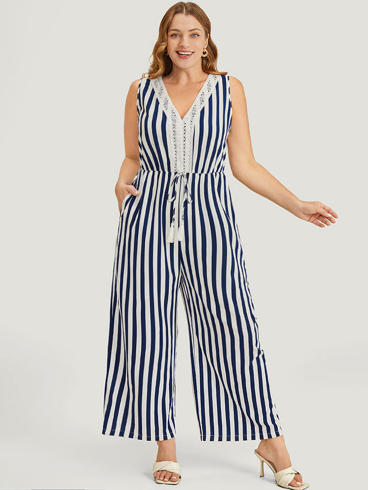 Striped Print Contrast Lace Pocket Knot Tassels Tank Jumpsuit