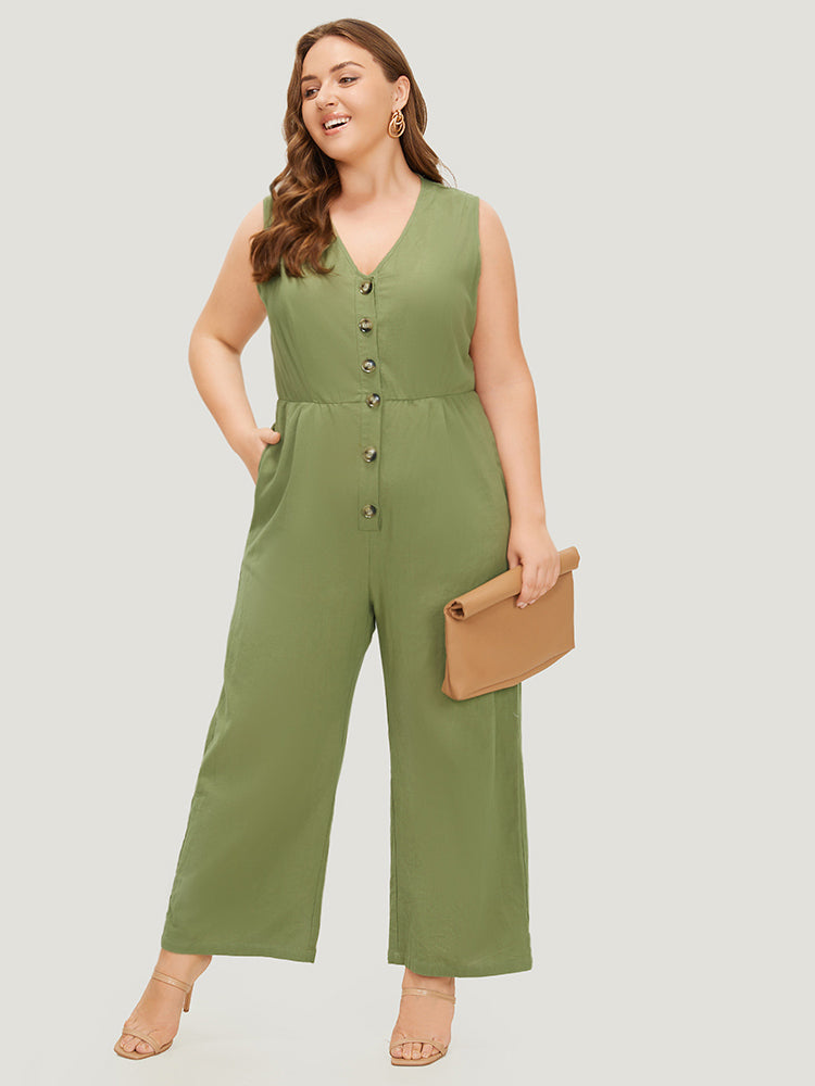 Plain Pocket Button Through Tank Jumpsuit