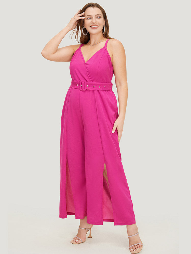 Plain Pocket Wrap Buckle Belt Jumpsuit