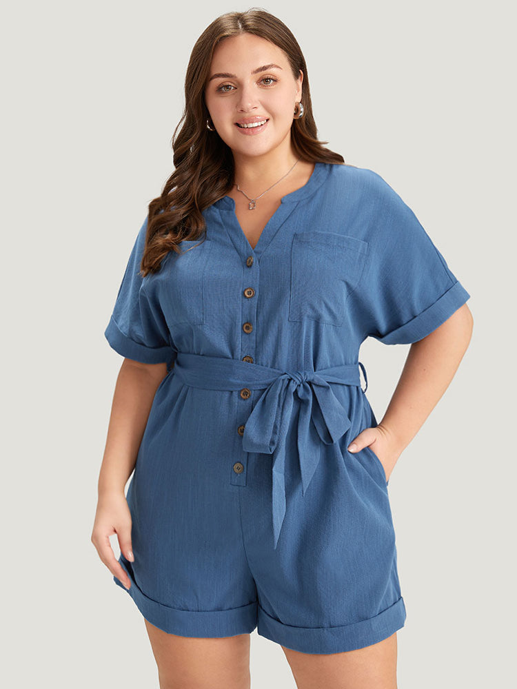 Anti-Wrinkle Solid Patched Pocket Notched Button Up Belt Romper