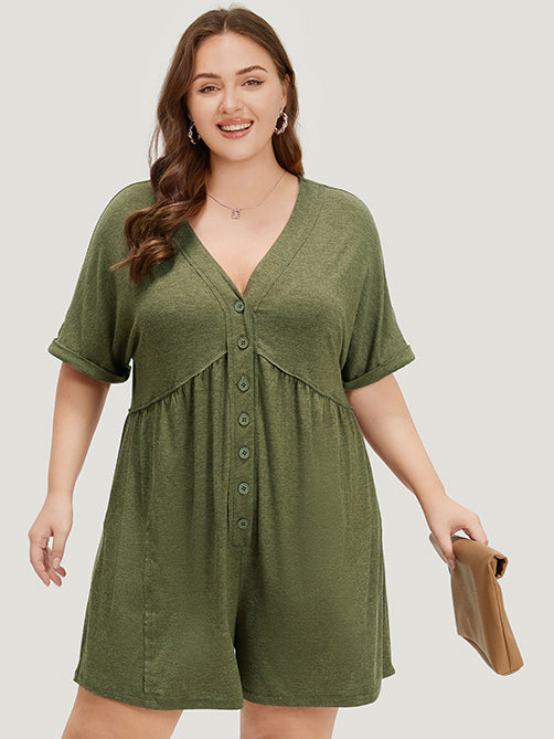 Solid Button Through Pocket Cuffed Batwing Sleeve Romper