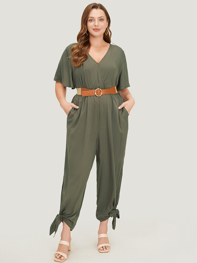 Plain Pocket Wrap Cut Out Knotted Hem Jumpsuit