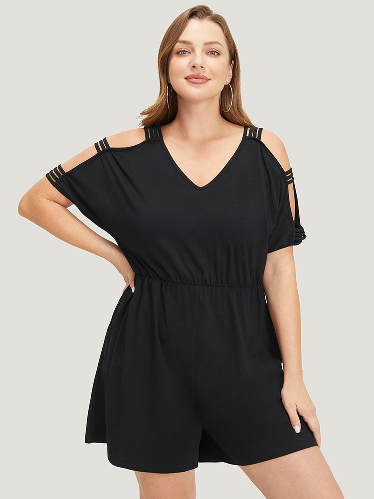 Plain Pocket Elastic Waist Cut Out V Neck Romper