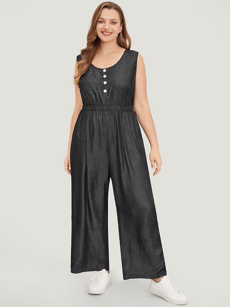 Solid Pocket Button Detail Zipper Tank Jumpsuit