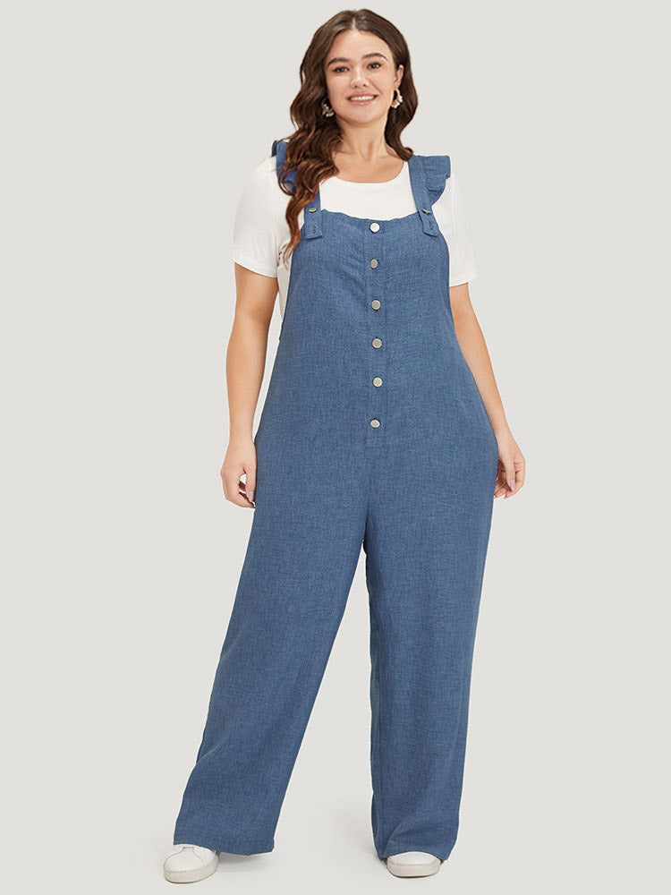 Plain Pocket Button Through Ruffle Trim Overall Jumpsuit