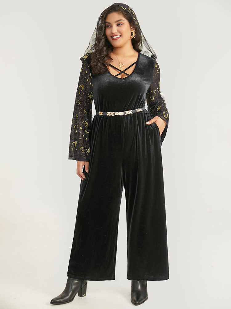 Halloween Moon & Star Glitter Mesh Crisscross Neck Jumpsuit